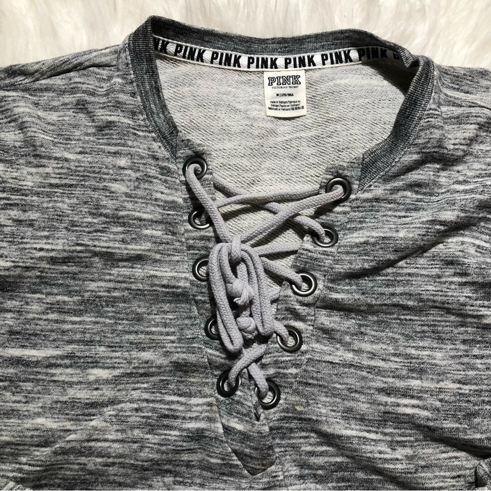 PINK Victoria secret sweatshirt with strings M medium gray grey long sleeve tops